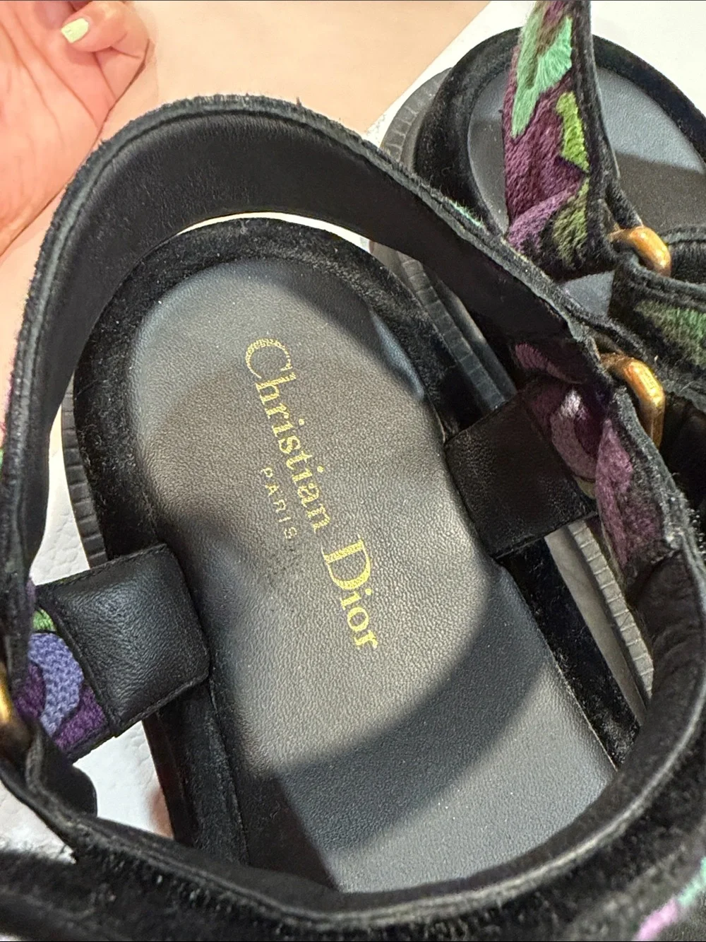 Dior Black Sandals with Purple and Green Embroidered Straps